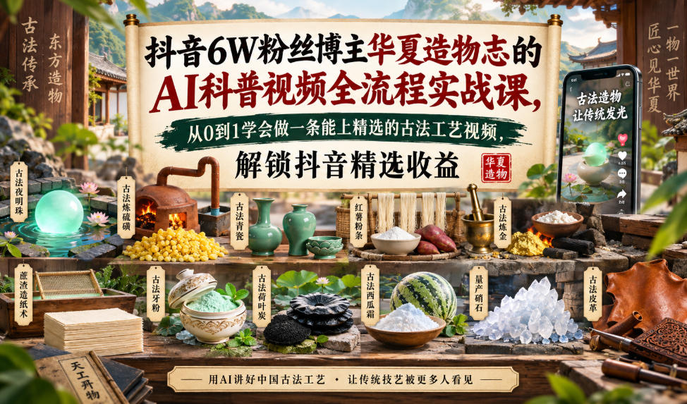 抖音6W粉丝博主华夏造物志的AI科普视频全流程实战课,从0到1学会做一条能上精选的古法工艺视频,解锁抖音精选收益-御文网