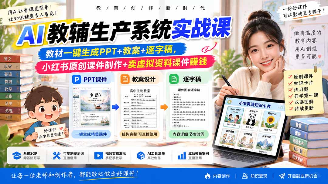 AI教辅生产系统实战课|教材一键生成PPT+教案+逐字稿,小红书原创课件制作+卖虚拟资料课件赚钱-御文网