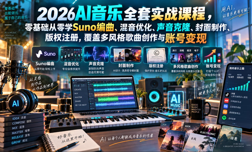 2026AI音乐实战课程,零基础从零学Suno编曲、混音优化、声音克隆、版权注册,覆盖多风格歌曲创作与账号变现-御文网